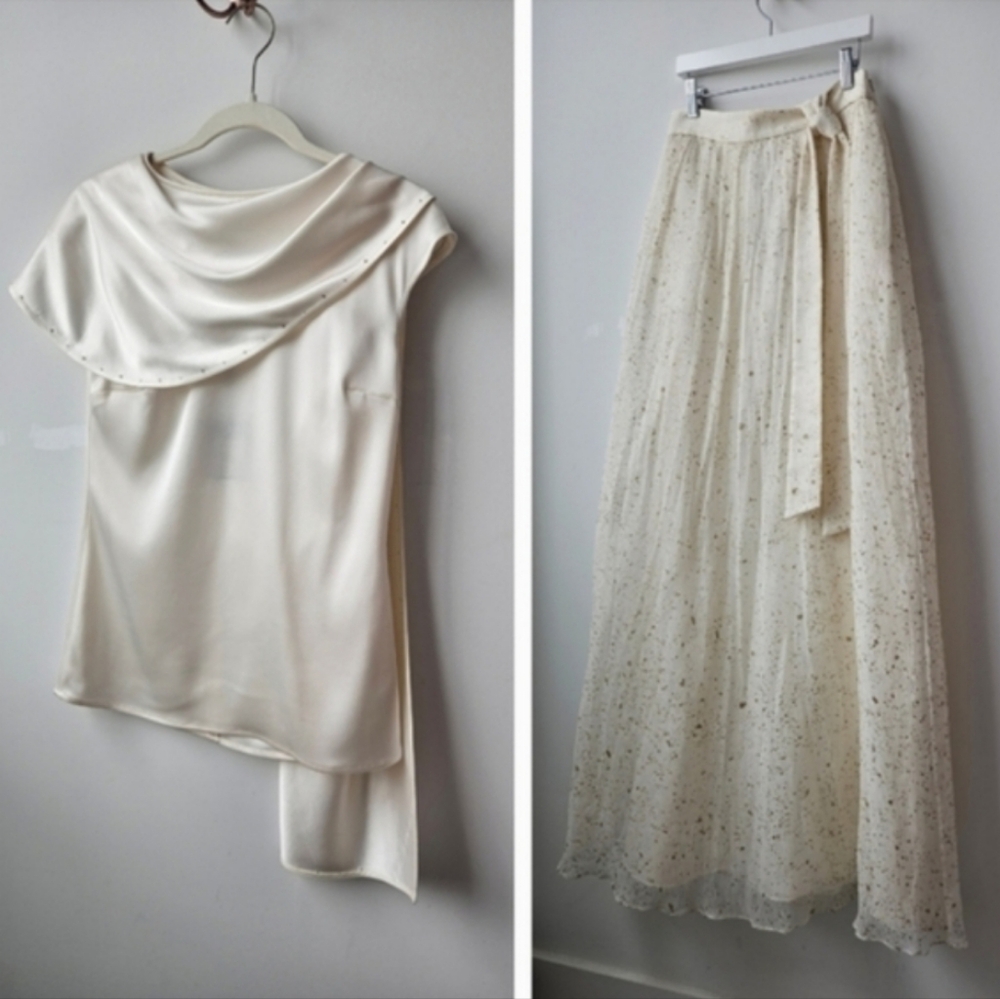 NWT ST.JOHN Cream Silk And Rinestone Skirt And Draped Scarve Blouse Set